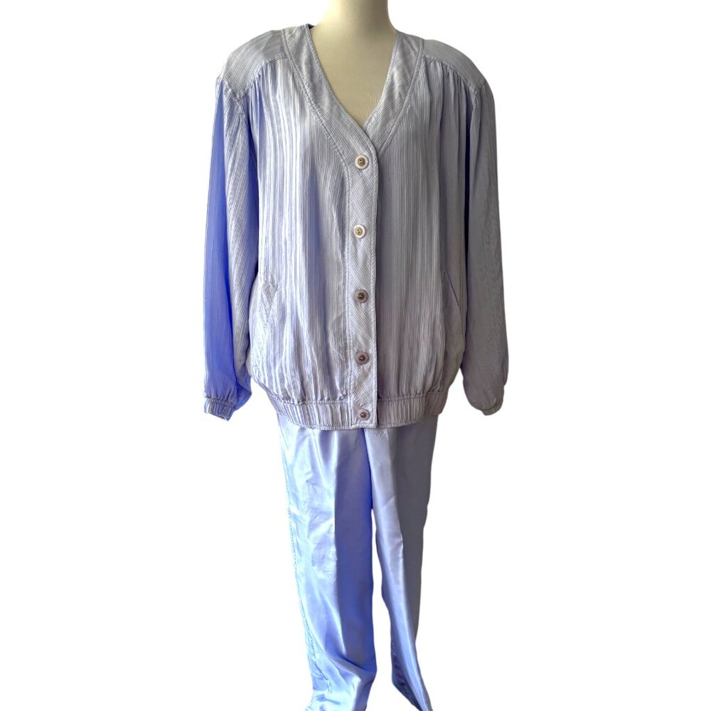 Mureli Vintage‎ blue 100% Silk Jacket and Pants set track suit sz M